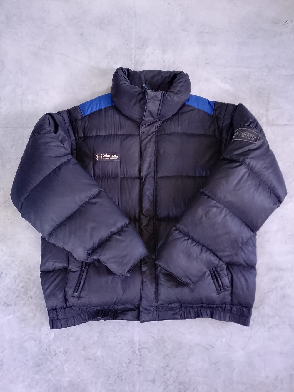 Vintage Columbia Down Black Puffer Jacket with Blue Shoulder Accents